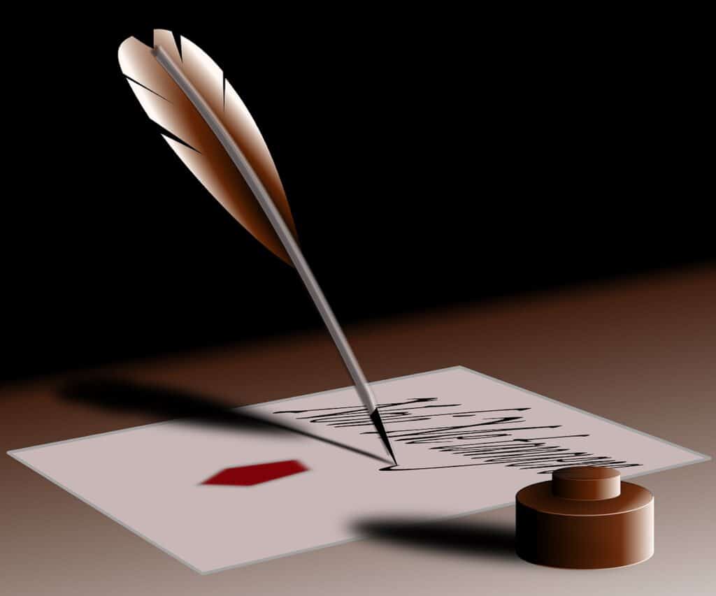 A illustration of a fountain ink pen and signature.