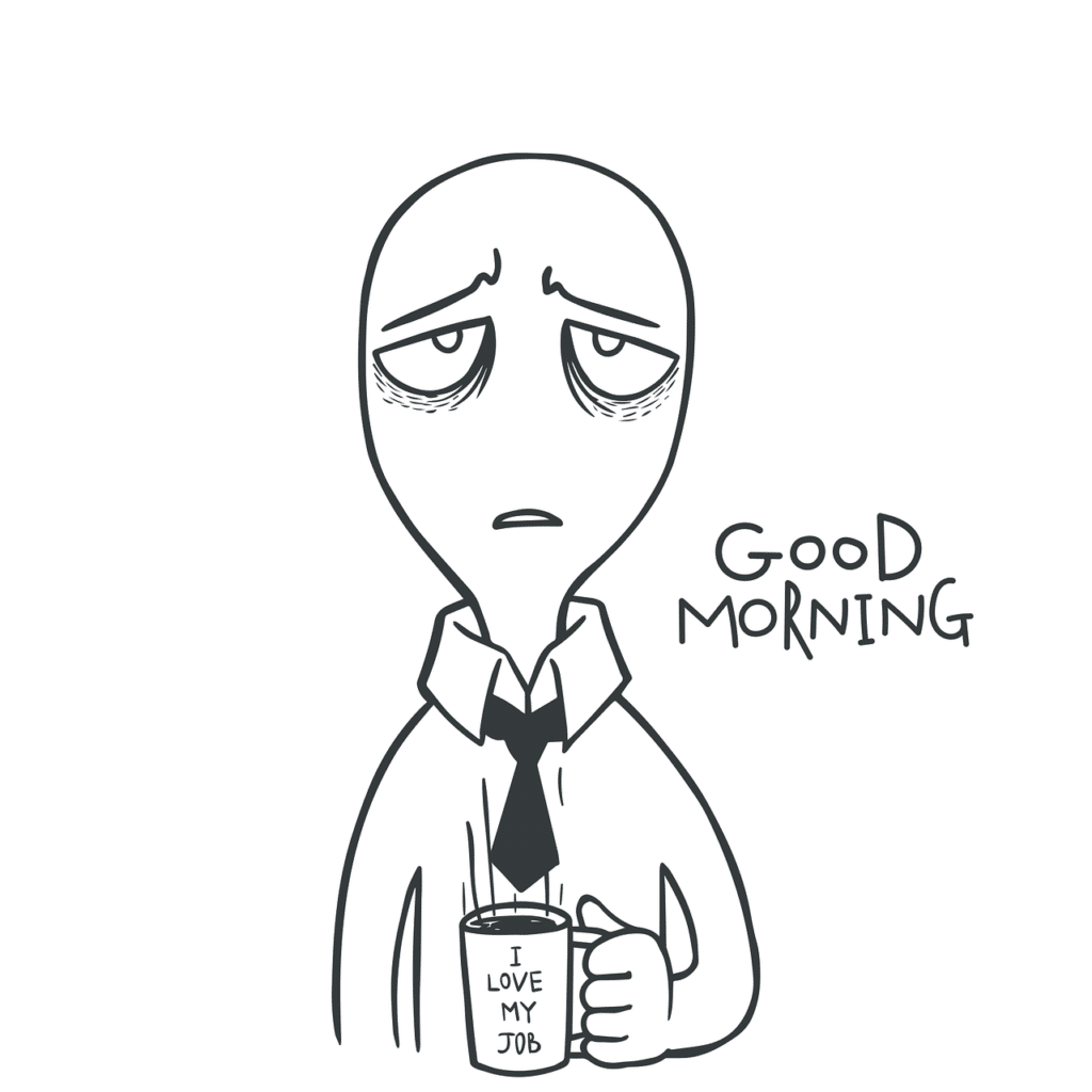 A graphic illustration man cartoon with a tired expression and a coffee cup.