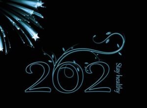 2021 graphic for new years, teal on black with lit stars.